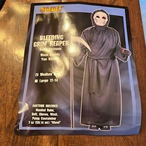 Bleeding Grim Reaper Kids Medium 8-10 Costume w/hooded robe, belt, mask w/pump